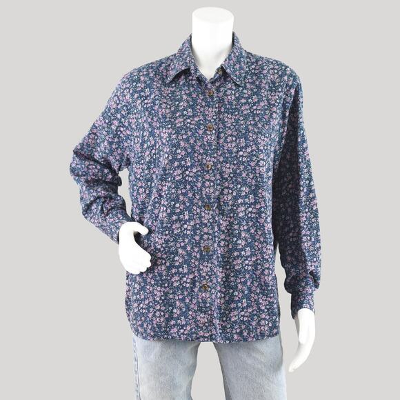 Vintage 90s Oversized Blue Floral Button Down Shirt Women's Large - Picture 1 of 10